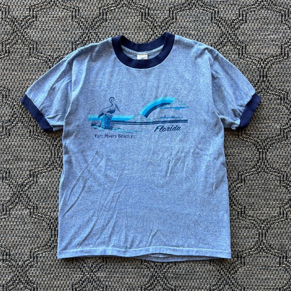Vintage Tee Jays T-Shirt Mens Large Blue Florida Souvenir Beach Ringer 80s‎